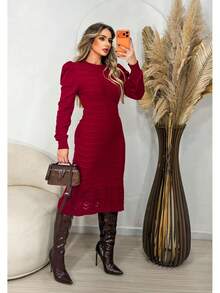 Puff Sleeve Midi Dress With Elasticity Moda Evangelica Tricot - Đỏ - Xem 2