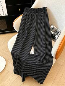 Pantalones de cintura de papel con lazo y rayas elegantes y casuales para mujer, adecuados para primavera, verano y otoño, color negro - Negro - Ver 2