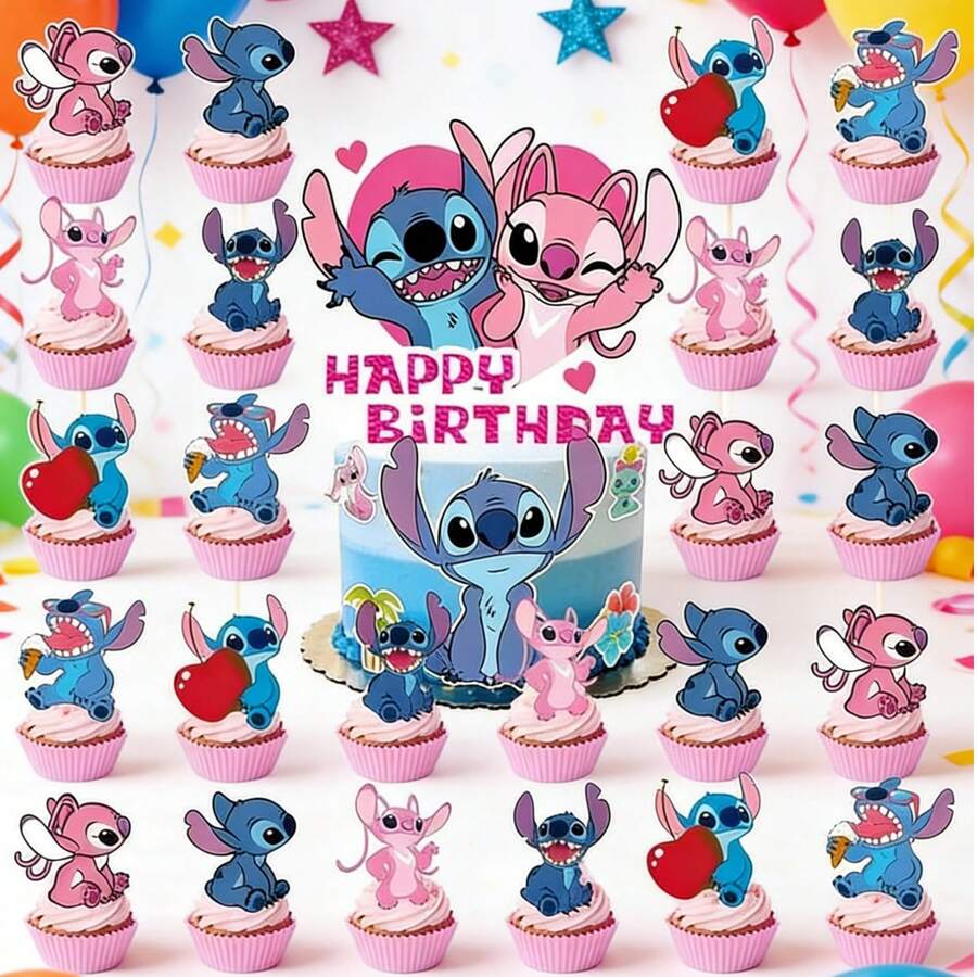 Disney 25 piezas de decoraciones para pasteles en forma de corazón con diseño de Stitch, decoraciones para pasteles para manualidades, fiestas de cumpleaños en casa - Multicolor - Ver 1