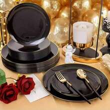 10.25英寸黑边大餐盘和7.5英寸黑边小餐盘套装，金色镶边沙拉盘、蛋糕盘、水果盘、派对餐盘、餐具套装，适用于生日、派对、宴会、节日派对、新年庆祝活动、餐饮活动等场合。 - 黑色 - 查看 1