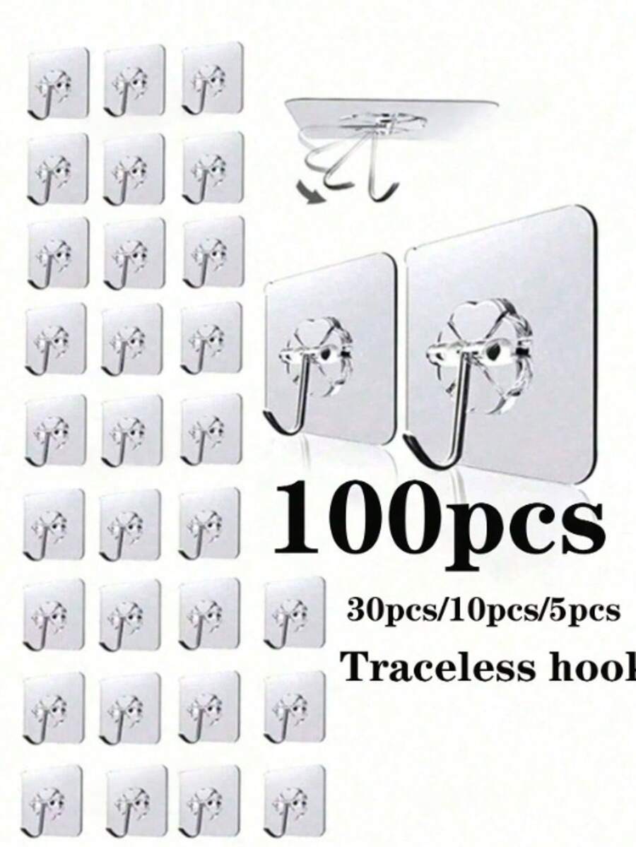 30/10/5pcs Seamless Wall Hooks Nail-Free Wall Mount Self-Adhesive Traceless Transparent Removable Waterproof Rustproof For Kitchen Bathroom Living Room - Clear - View 1