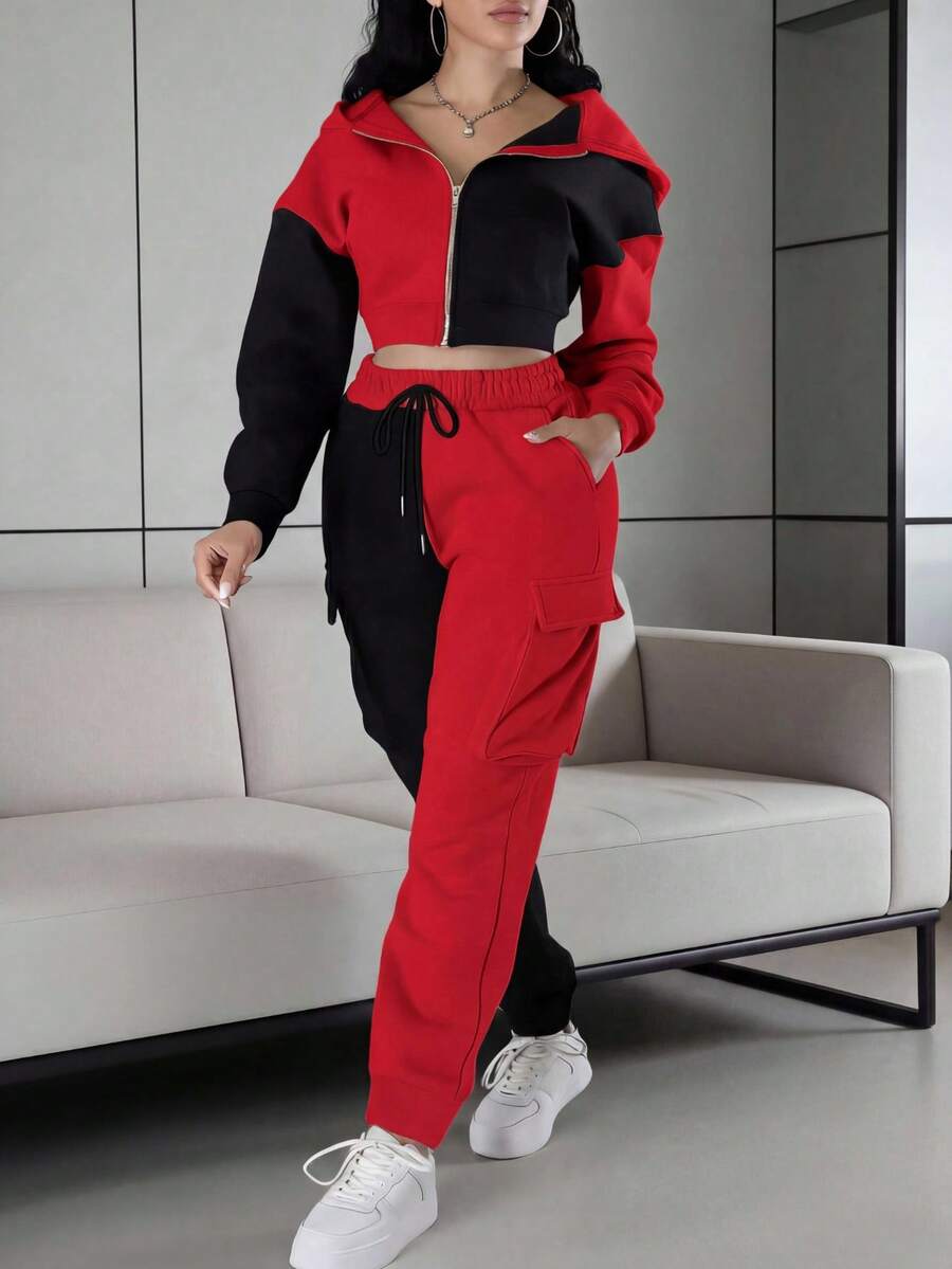 2pcs/Set Women's Sporty Outfit, Thickened Fleece Colorblock Drawstring Hoodie Jacket And Cargo Sweatpants, Autumn/Winter Casual - Multicolor - View 1