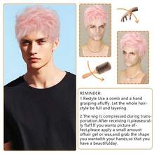 6 Inch Pink Short Spiky Fluffy Men's Wig, Heat Resistant Synthetic Fiber Material, Natural Layered Style Suitable For Cosplay, Halloween Party, Daily Wear - Multicolor - View 6