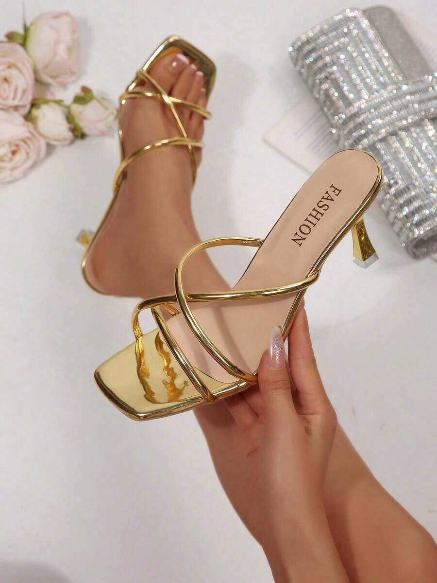 New Plus Size Women Comfortable Minimalist Criss-Cross Open Toe Square Toe Leather High Heel Sandals, Versatile Casual Chic Outdoor Beach Summer Shoes - 黃金2 - 查看 1