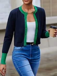Women's Colorblock Round Neck Cardigan, Colorblock Trim, Long Sleeve Button Front Knit Sweater, Suitable For Spring And Autumn - Royal Blue - View 7