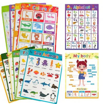 Lachilly Educational Poster Set For Children, Includes Alphabet, Numbers, Colors, Animals, Body Parts Wall Charts, Suitable For Kindergarten Classroom Decor, Early Learning
