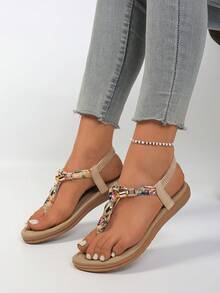 Women's Bohemian Style Floral Pattern Rhinestone Decor T-Strap Flat Sandals, Elastic Back Summer Beach Shoes - Beige - View 2