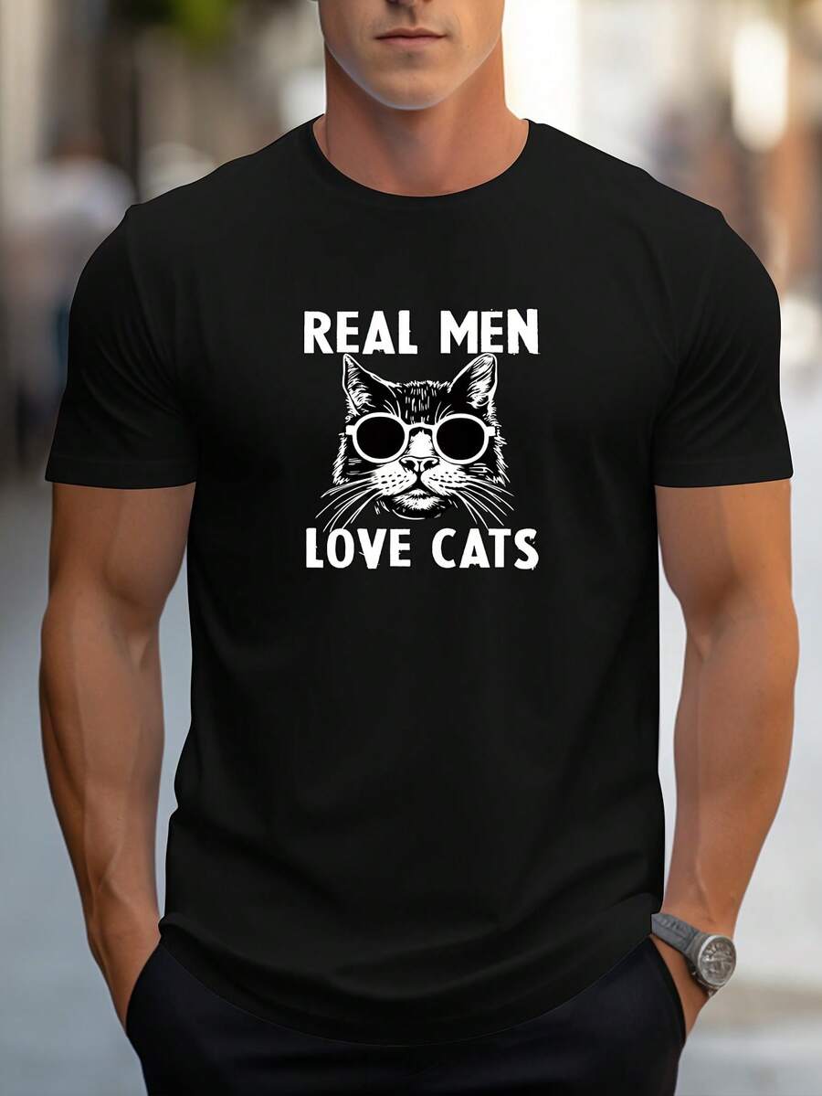Camiseta de hombre de moda con estampado de gatito dibujado a mano y hombros regulares - Negro - Ver 1