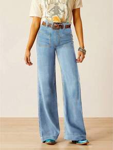 Women's Straight Leg Double Pockets Casual Versatile Long Denim Jeans Spring - Light Blue - View 2