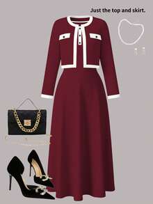 Plus Size Women Elegant 2-Piece Set, Colorblock Trim Button Cardigan Paired With Solid Color Maxi Dress, Suitable From Spring To Summer - Burgundy - View 2