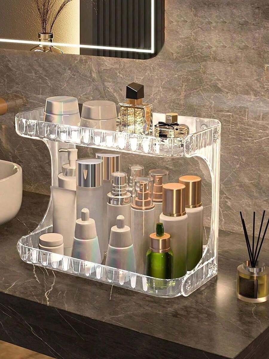 1pc Minimalist Home Decor Double-Layer Storage Rack, Solid Color Multi-Functional Non-Slip Thick Plastic Makeup Organizer For Bathroom, Kitchen, Bedroom, Ideal Mother's Day/Birthday Gift