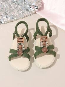 1双儿童夏季波西米亚风凉鞋，串珠装饰橄榄绿复古优雅女童度假凉鞋，适合旅行、海滩、搭配服装、自然风服装 - 綠色 - 查看 4