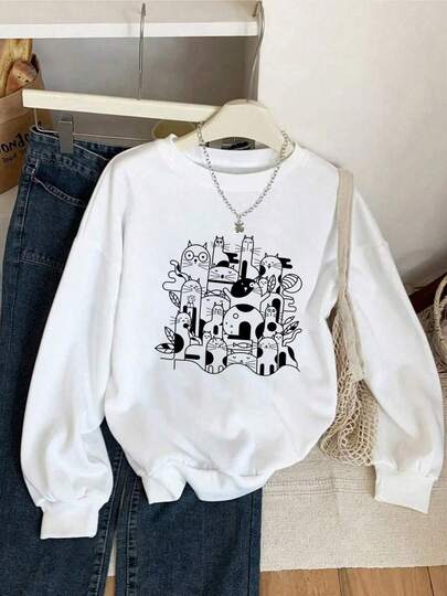 Sweatshirt For Women: 1 Piece Of Regular Style Casual Wear With Cute Cat Group Print, Fun And Lively.  Street Style, Youthful Design, Comfortable And Fitted Sweatshirt - Long Sleeve Tops, Spring, Bride To Be
