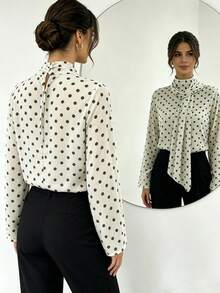 1pc Apricot Stand Collar Polka Dot Print Bow Tie Long Sleeve Women's Fashion Solid Color Polyester Chiffon Fabric Ruffle Long Sleeve Suitable For Commuting Elegant Casual Vacation Date Spring Summer Women's Blouse - Apricot - View 7