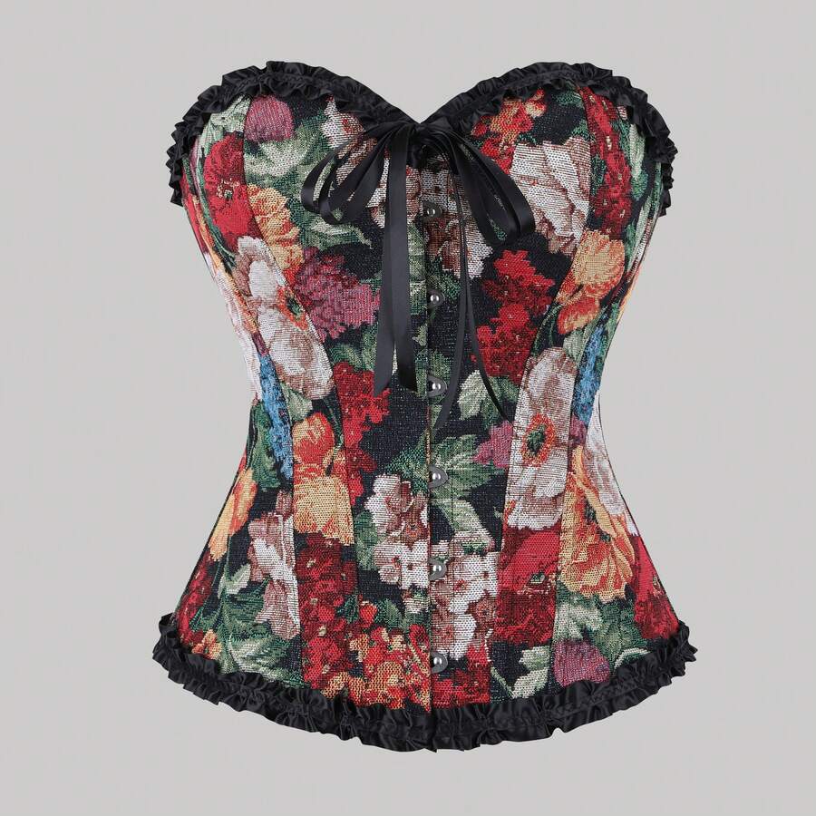 1pc Black Vintage Floral Jacquard Bandeau Top, Lace Bow Tie Waist Corset Crop Top, French Chic Party Wear, Spring/Summer Vacation - Black - View 1