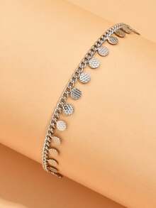 1pc Bohemian Style Stainless Steel Round Disc Pendant Anklet, Women's Daily And Vacation Accessory - Silver - View 4