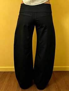 Women's Plus Size Casual Pants Fashionable Solid Color Waist Tie Loose Fit Wide Leg Pants - Negro - Ver 6