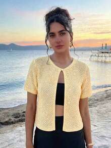 Top tricoté femme, style minimaliste décontracté de villégiature, couleur unie abricot foncé, col rond, manches courtes, texture en diamant, col demi-ouvert. Tenue de plage, de vacances et de voyage. Top pailleté. Vêtements d'été femme - Abricot profond - Voir 5