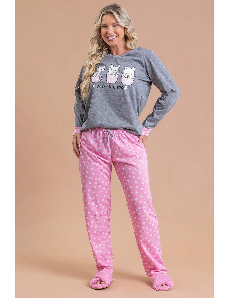 Pijama Longo Feminino Inverno Adulto Calça - Gatinhas Na Xícara - Cinza - Visão 1