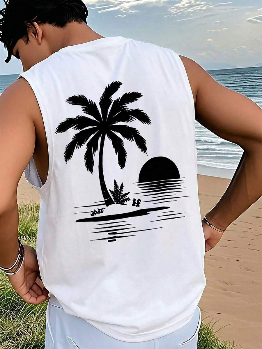 1pc Men's Casual Coconut Tree & Sun Print Round Neck Tank Top, Summer - White - View 1