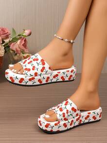 Plus Size Fashion Thick Sole Cherry Blossom Comfortable Casual Beach Slippers - White - View 2