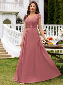 MIUSOL Vestido con cuello en V, encaje con lentejuelas, manga corta de gasa, bajo plisado, vestido elegante para mujer, vestido de fiesta formal, vestido de graduación y baile de promoción - Rosa vieja - Ver 5