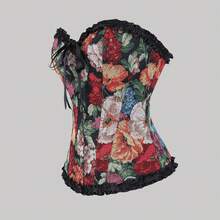 1pc Black Vintage Floral Jacquard Bandeau Top, Lace Bow Tie Waist Corset Crop Top, French Chic Party Wear, Spring/Summer Vacation - Black - View 5