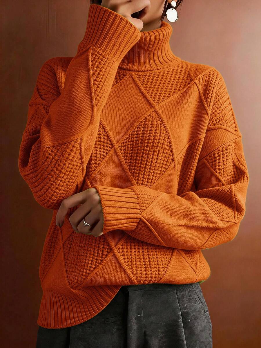 Plus Size Solid Color Turtleneck Long Sleeve Sweater, Autumn/Winter - Orange - View 1