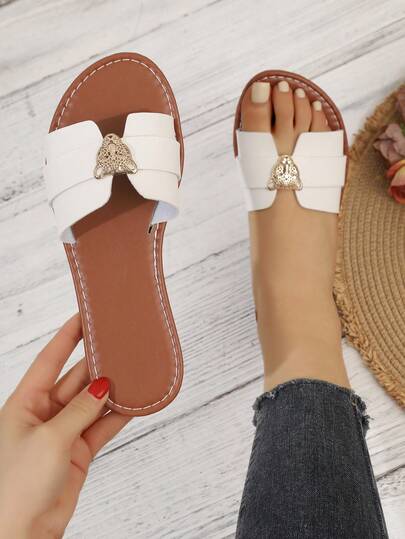 Women's Hollow Metal Leopard Head Beach Solid Color Elegant Casual Sexy Hollow PU Leather Flat Sandals, Summer Vacation