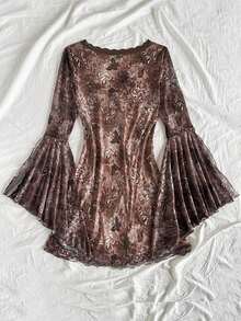 Women's Vintage Printed Bohemian Mini Dress, V-Neck Floral Lace Trim Long Sleeve Irregular Cuff, A-Line Mesh Printed Vacation Dress, Party Dress, Date Night, Sexy Slim Fit Fashion Set, Cruise Holiday, Beach Holiday, Music Festival, Boho Vacation Dress, Suitable For All Seasons Bell Sleeve Dress Boho Dress Women - 多色 2 - 查看 2