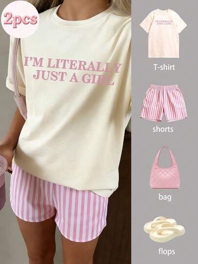 2pcs Tween Girl Summer Outfit - Short Sleeve T-Shirt Paired With Striped Shorts, Fashionable/Y2K/Streetwear Style, Artistic Vibe Top And Shorts Set