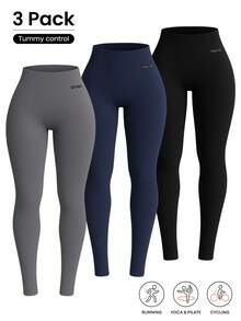 Set Of 3 High-Waisted Leggings With No Transparency - 1 Black + 1 Navy Blue + 1 Gray - View 1