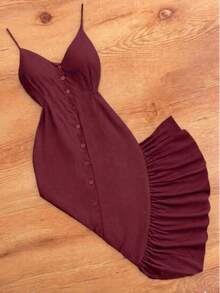 Long Dress In Viscose Linen, Plain, With Thin Straps, Buttons Down The Front, Padded Cups And Lining. Elasticated Back. - Burgundy - View 9