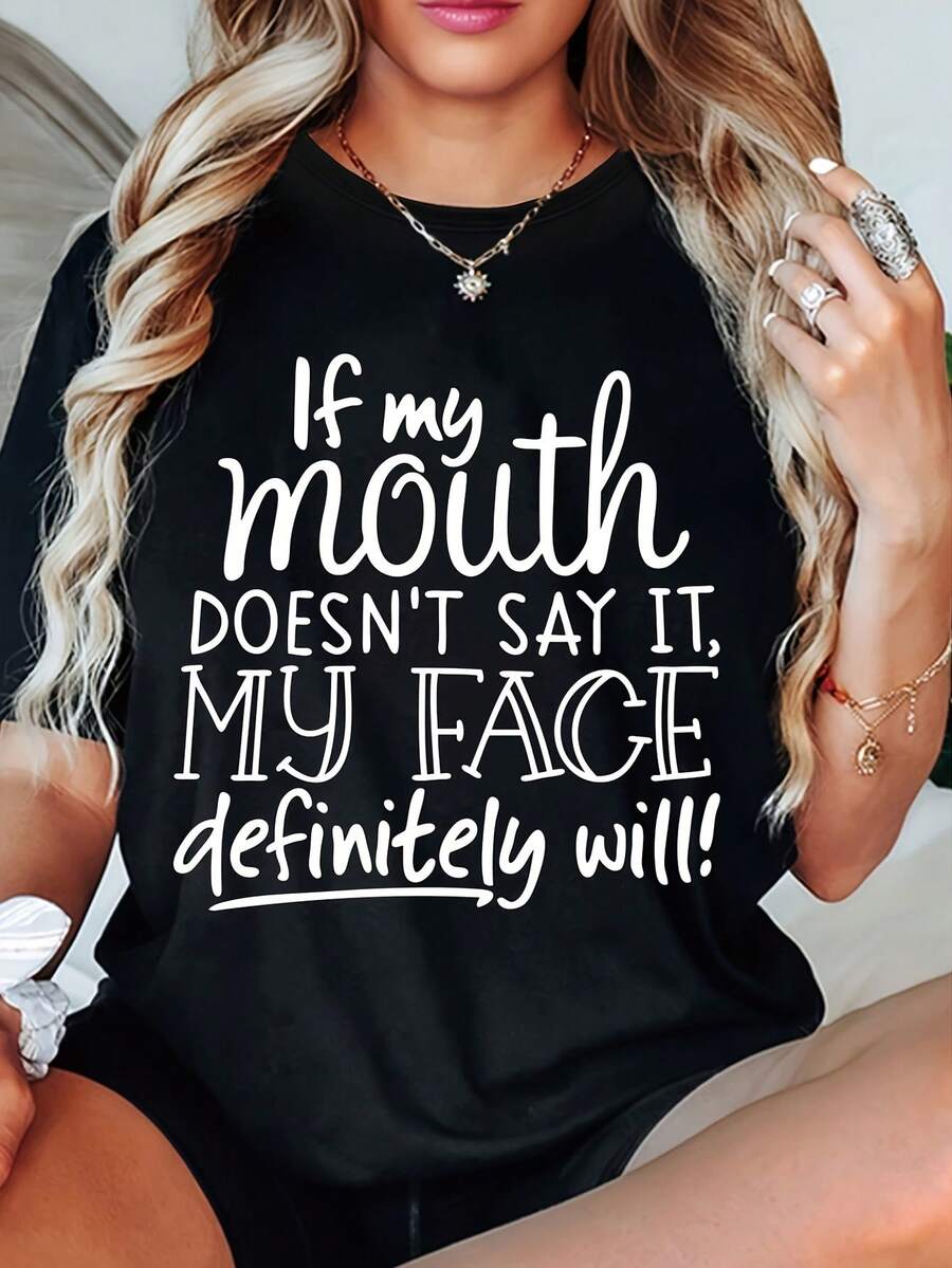 Camiseta de Mujer de Diseño Simple: Si mis labios no lo dicen, mi rostro seguramente lo indicará. Top de cuello redondo, moderno y versátil, con estampado de letras. Elegante y práctica para el verano. - Negro - Ver 1