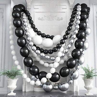 12pcs 10-Inch Black, White, Metallic Silver Latex Balloons With Tails, Linkable Latex Balloons Suitable For Birthday Party, Bachelorette Party, Wedding Engagement, Anniversary, Baby Shower Decoration