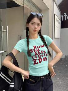 Red Letter Print Short Sleeve T-Shirt For Women, Summer Sexy Slim Fit Cropped Design Top Casual - Mint Green - View 3