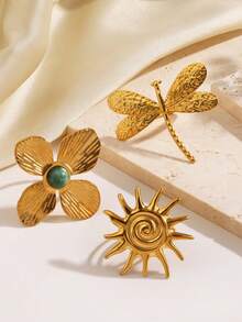 3pcs/Set Stainless Steel Fashion Dragonfly & Flower Decor Rings Set, Suitable For Women Daily, Travel, Shopping, Party Wear - Multicolor - View 4