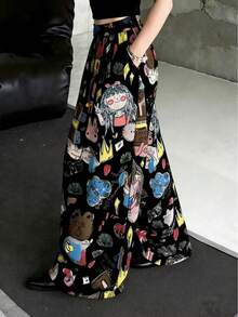 Pantalones anchos con estampado de dibujos animados para mujer, pantalones casuales sueltos para vacaciones - Negro - Ver 5