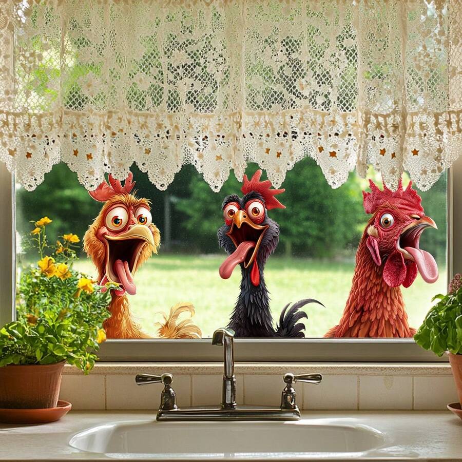 1pc 3D Rooster Glass Sticker, Premium Vivid Visual Effect, Self-Adhesive Removable Home Decor Sticker - Multicolor - View 1