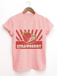 Summer Casual Women's Top, Vintage Style, Strawberry Striped, STRAWBERRY Print, Round Neck, Pure Cotton Short Sleeve T-Shirt - Unisex Loose Cotton Short Sleeve Crew Neck T-Shirt - 粉紅色 - 查看 2