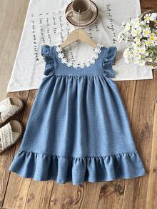 Young Girl Casual Cute Embroidered Pocket Dress - Blue - View 2