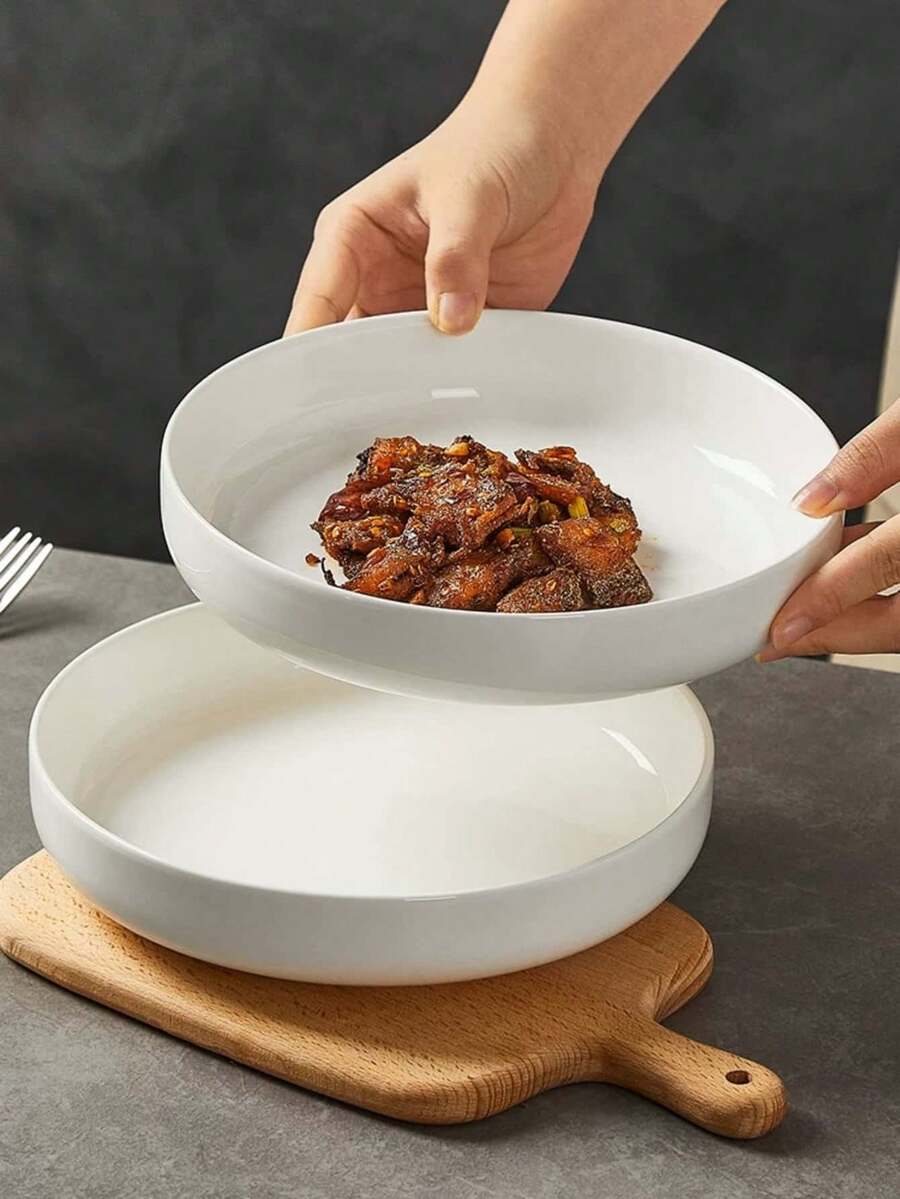 Bộ đồ ăn bằng gốm sứ cao cấp 1/2 món - Bộ bát và đĩa salad màu trắng, thiết kế bát sâu 20cm, chịu nhiệt đến 260°C, xếp chồng gọn gàng, màu trắng, lý tưởng cho các bữa tiệc ngày lễ và bữa tối gia đình, bộ đồ ăn ngày lễ | bộ đồ ăn hiện đại | gốm sứ bền - trắng - Xem 1