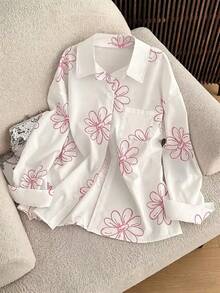 Women's Floral Print Button-Up Shirt - White Background With Pink Flowers - View 3