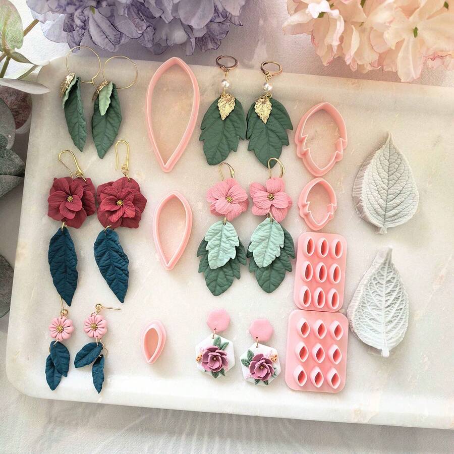 9pcs/Set Leaf Clay Cutters Set, 7 Shapes Polymer Clay Leaf Cutters With Polymer Clay Press Mold, Polymer Clay Earring Molds, Spring Polymer Clay Earring Cutters, Polymer Clay Earring Tools - Pink - View 1