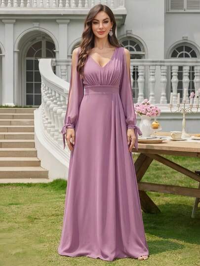 Volly Toych Elegant Chiffon Bridesmaid Dress, V-Neck Design, Pleated Bust, Floor-Length Skirt, Long Sleeves, Bow Accent, Suitable For Wedding Party