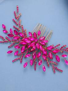 1pc Purple Crystal Flower Hair Comb, Elegant Bridal Headpiece For Wedding, Prom, Party, Luxury Gold Rhinestone Hair Accessory For Women,Festival,Birthday - Hot Pink - View 4