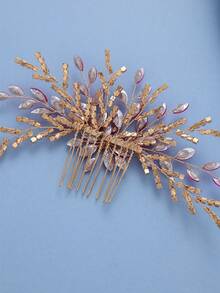 1pc Purple Crystal Flower Hair Comb, Elegant Bridal Headpiece For Wedding, Prom, Party, Luxury Gold Rhinestone Hair Accessory For Women,Festival,Birthday - Hot Pink - View 6