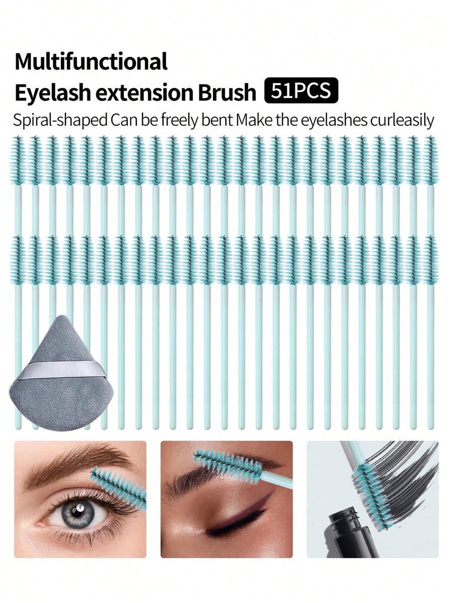 Women's 2026 Eyelash Brush & Powder Puff Set Spiral Bendable 51PCS Reusable For Eyelash Extensions Daily Makeup
