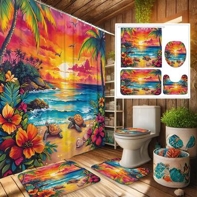 1/4 件套浴帘套装，芙蓉花、贝壳、海龟、热带植物、海洋海岸蓝绿黄粉图案，可机洗，适用于夏季浴室淋浴，家用，配有 12 个挂钩、防滑浴垫和 U 型马桶盖垫。