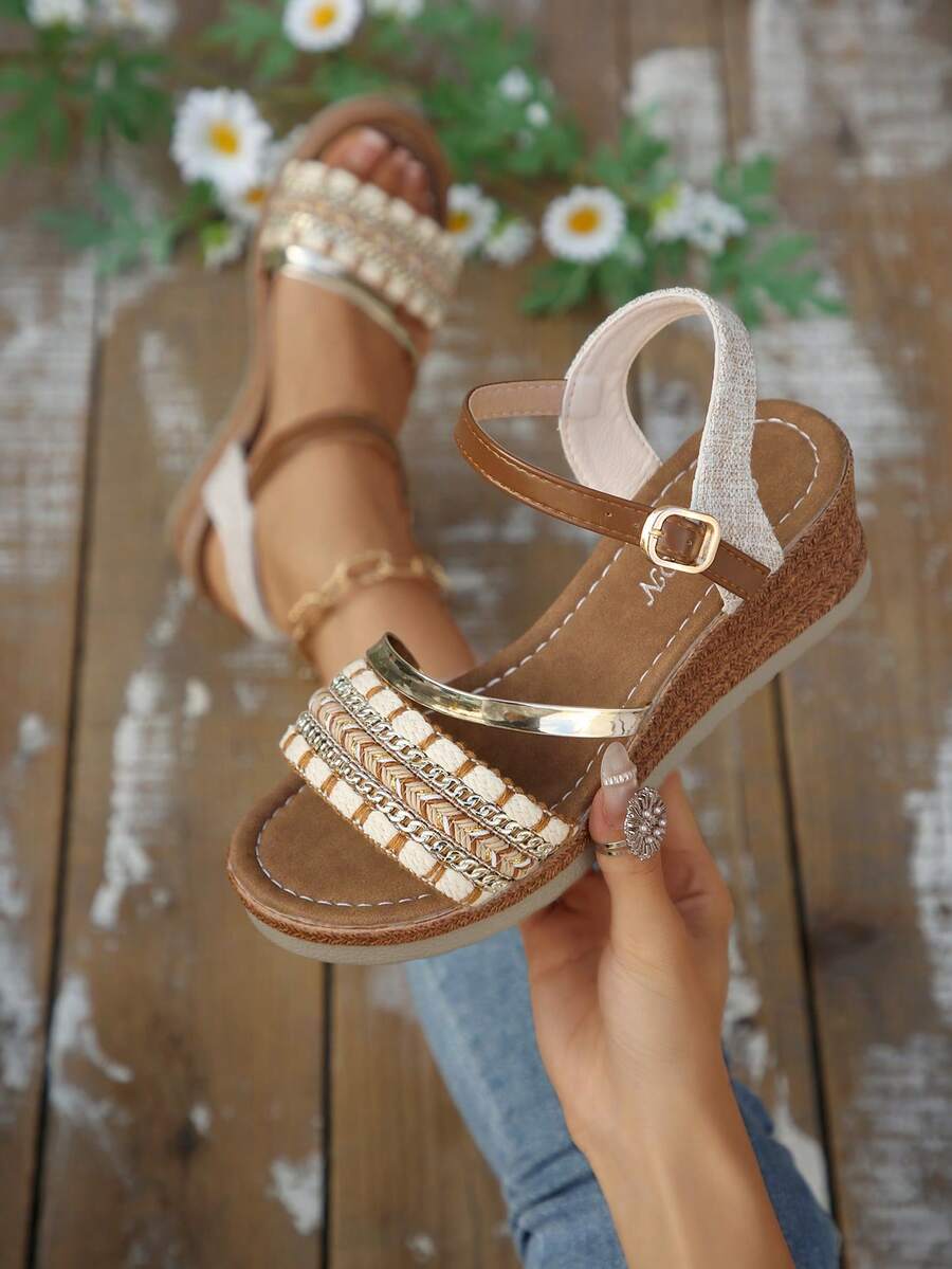 Giày sandal đế xuồng mùa hè mới, đế dày chống trơn trượt, cỡ lớn dành cho nữ, kiểu quai cài, giày đi biển. - màu nâu - Xem 1